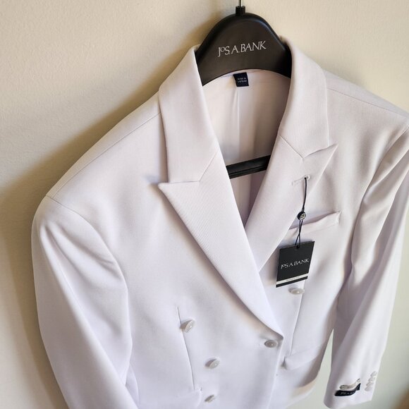 34R White Double Breasted Suit Jacket New Mens Jos A Bank Polyester Peak Lapel - Picture 16 of 17